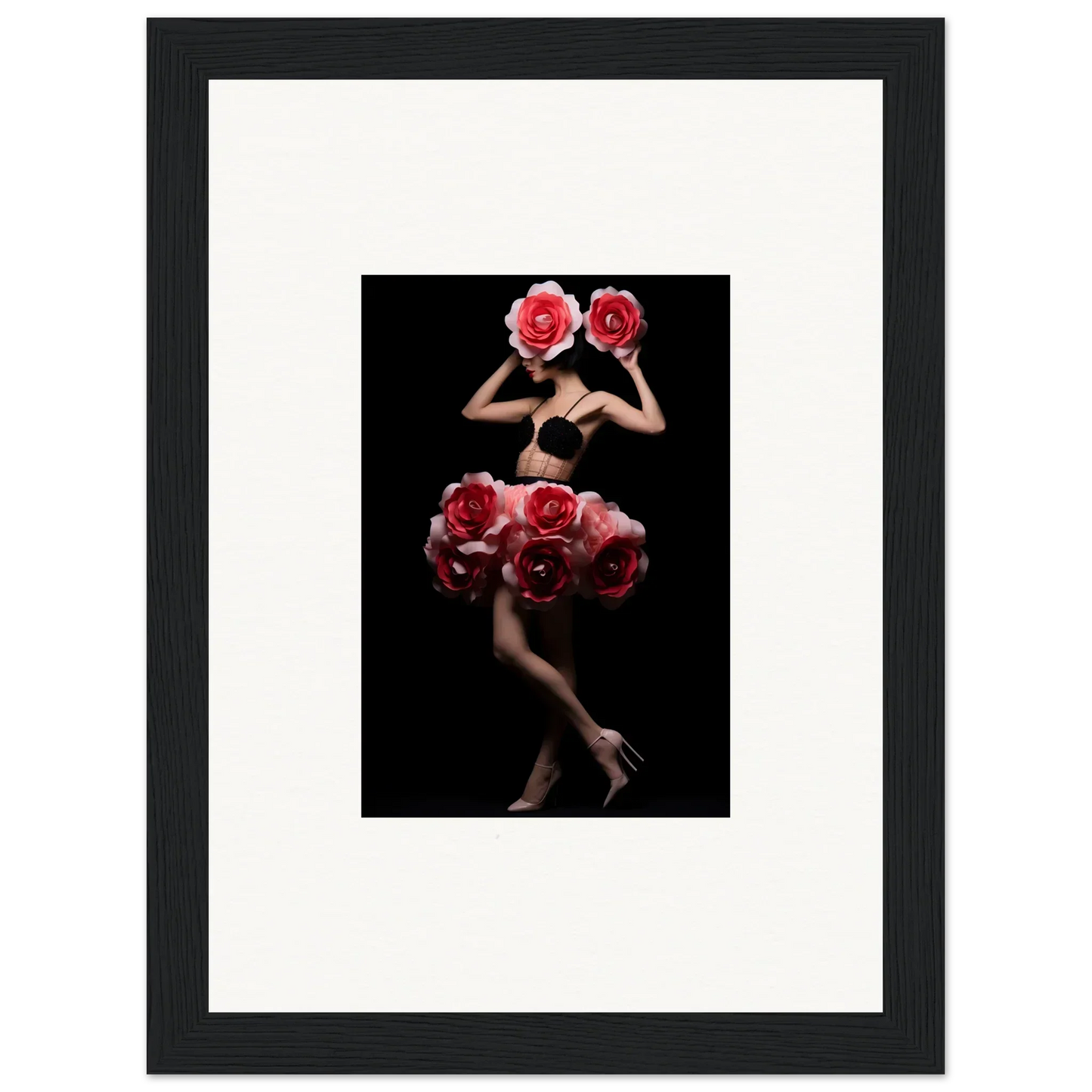 Framed artistic photograph of a nude figure obscured by oversized red roses.