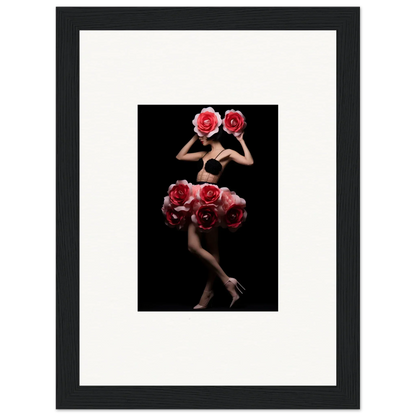 Framed artistic photograph of a nude figure obscured by oversized red roses.