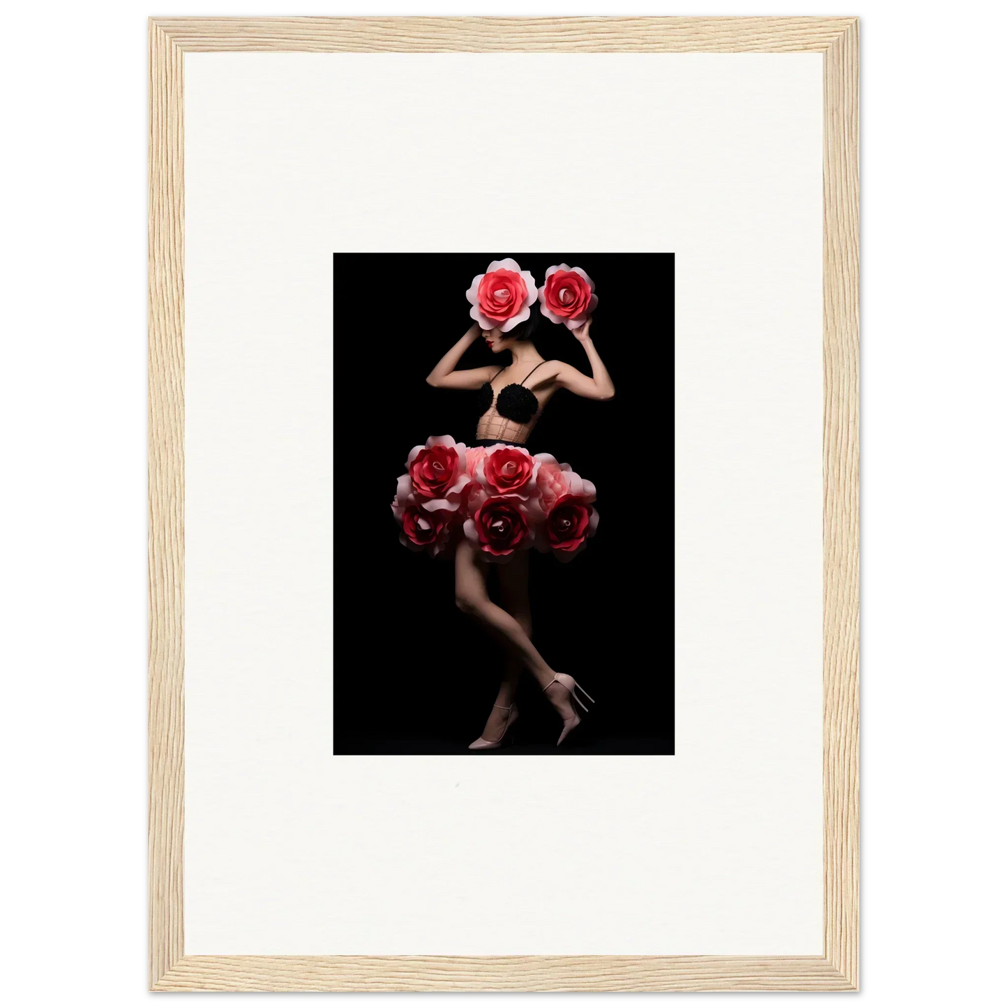 Framed artistic photograph of a figure holding red roses against a dark background.