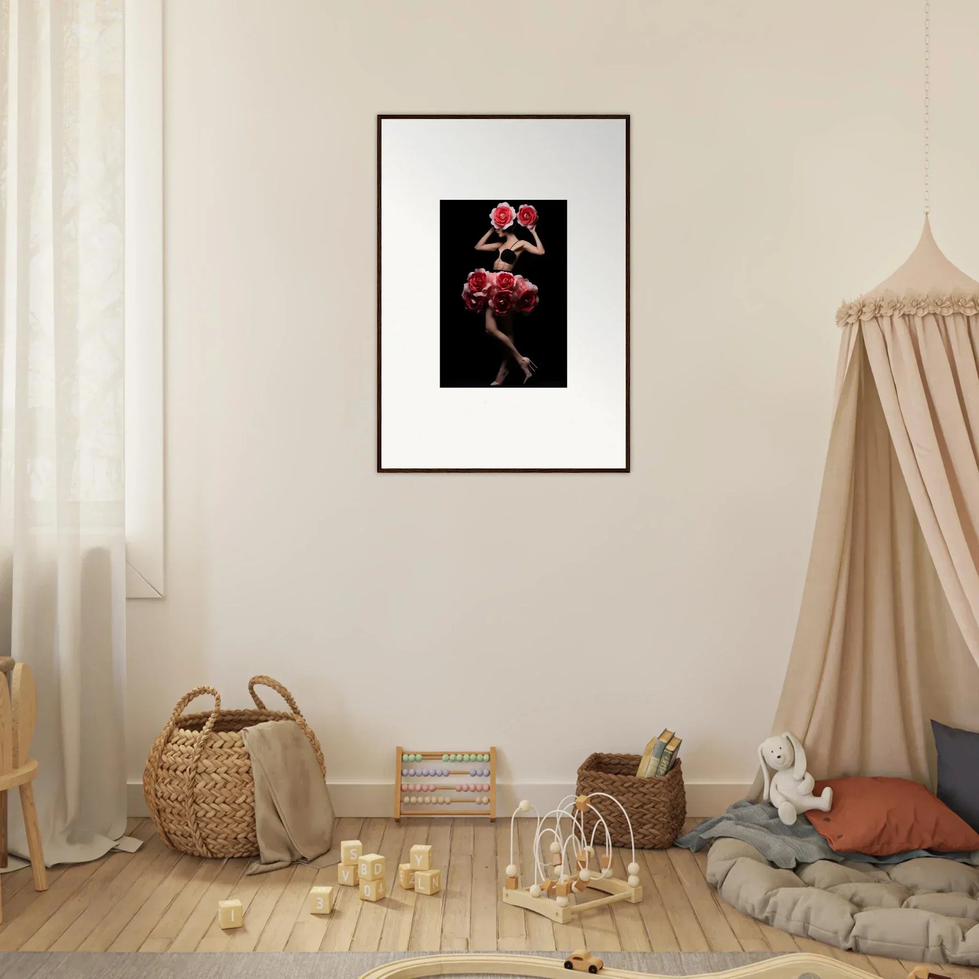 Framed photograph of a figure in a red costume striking a dramatic pose against a black background.