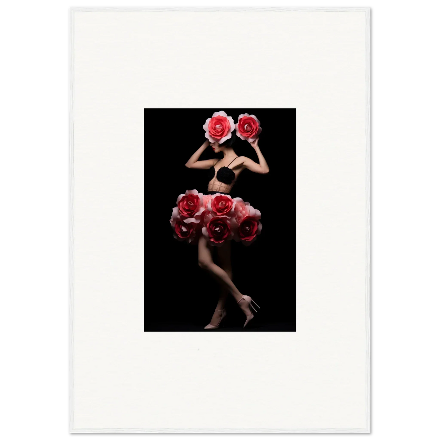 Artistic photograph of a figure adorned with vibrant red roses against a dark background.