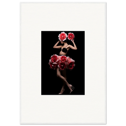 Artistic photograph of a figure adorned with vibrant red roses against a dark background.