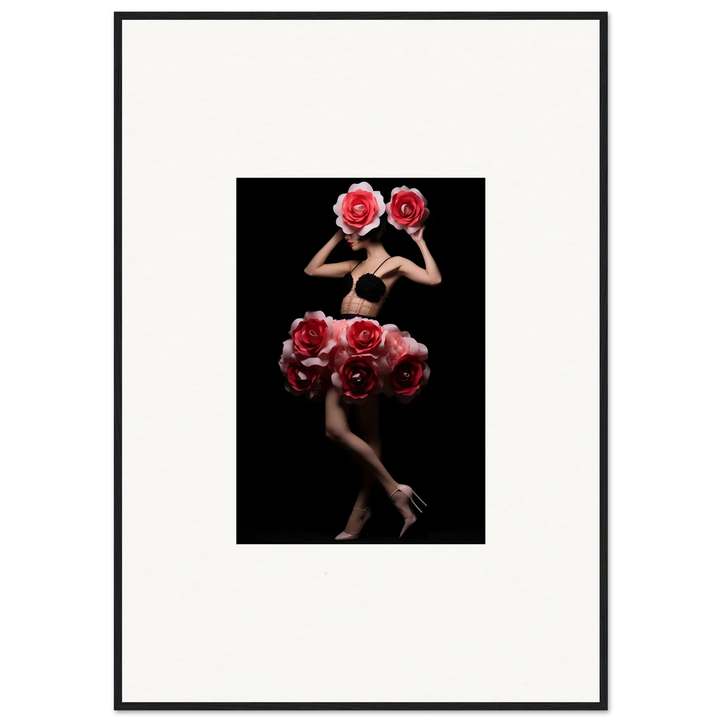 Artistic photograph of a nude figure adorned with vibrant red roses against a dark background.