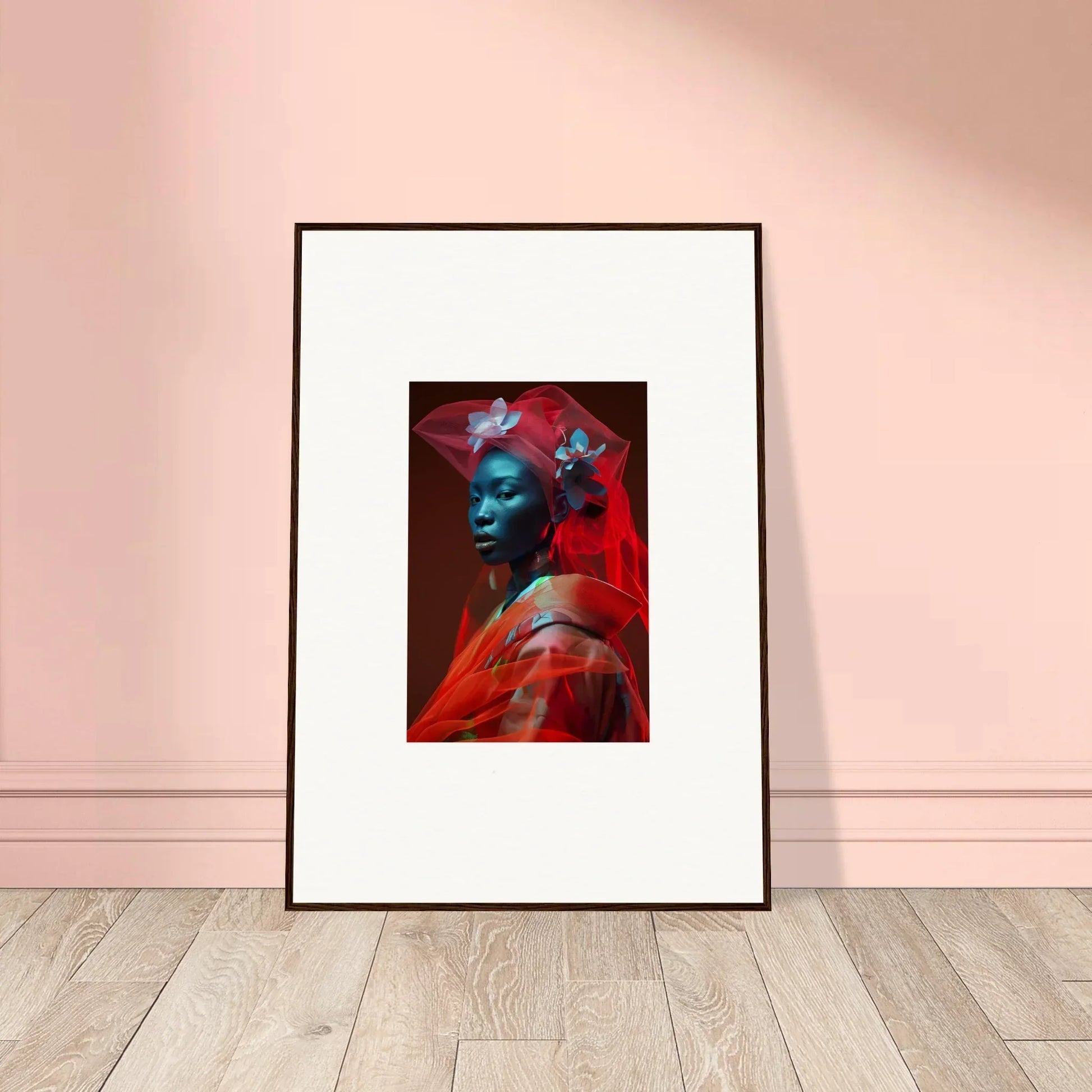 Framed canvas print of a blue-skinned figure in red, perfect room decoration