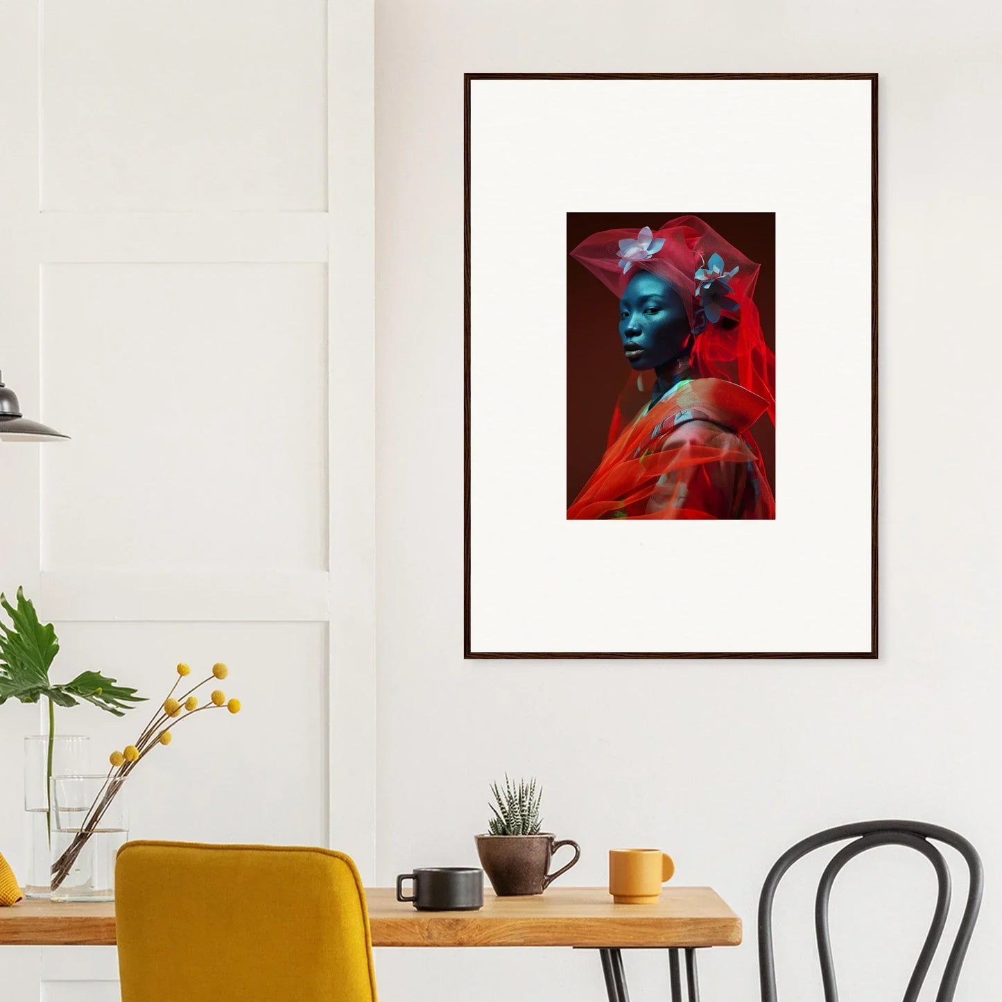 Framed canvas print of a person with vibrant blue and red for unique room decoration