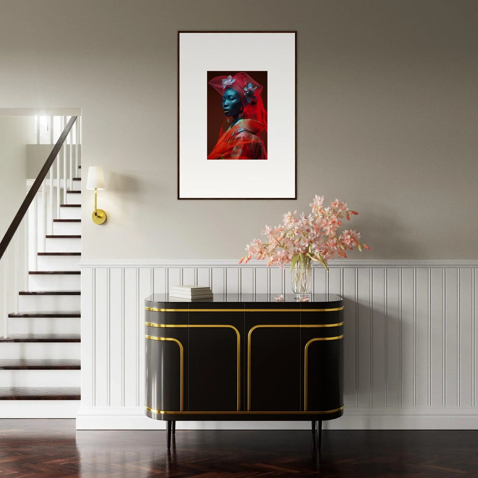 Colorful canvas print of Crystalline Mist above a chic black and gold sideboard