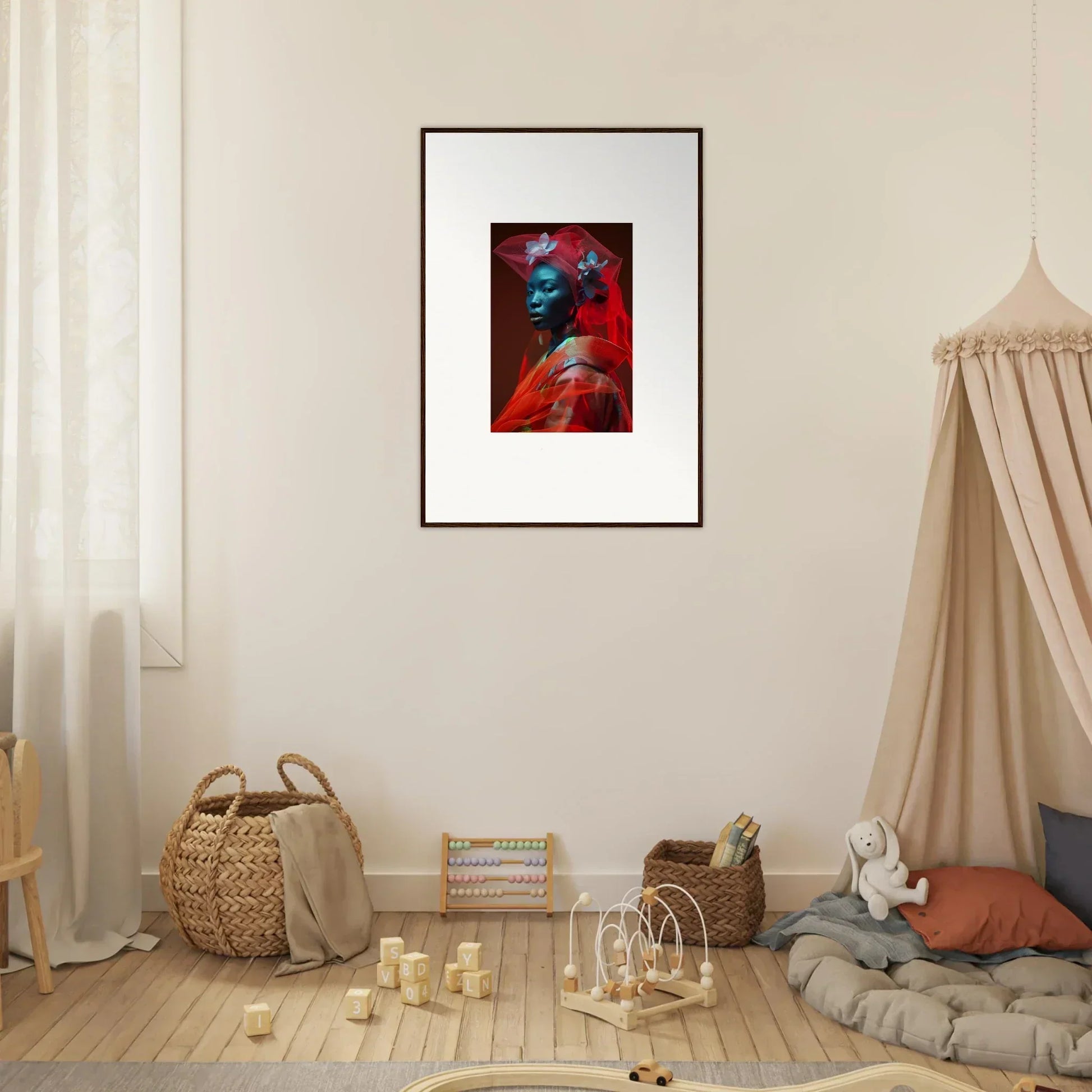 Framed abstract portrait with vibrant red and blue for cool room decoration and canvas print