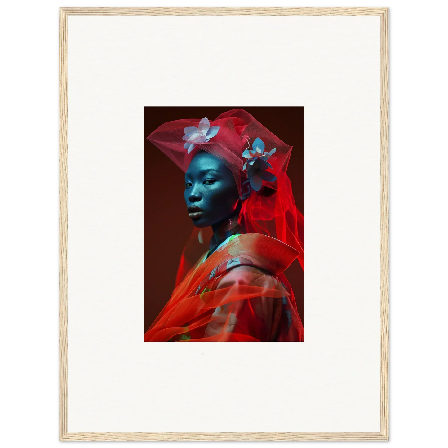 Framed canvas print of person with blue skin in red fabric, perfect room decoration