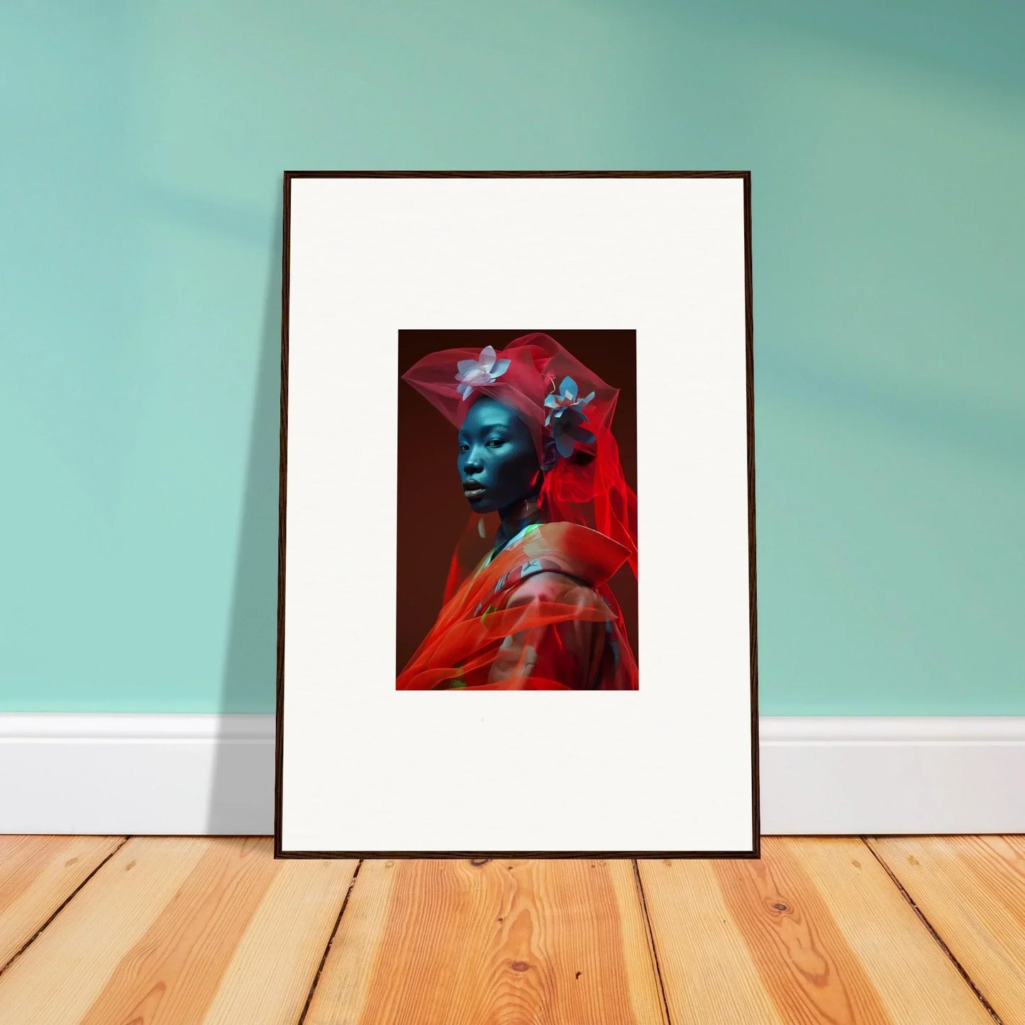 Vibrant portrait with red and blue tones, perfect for room decoration or a crystalline mist canvas print