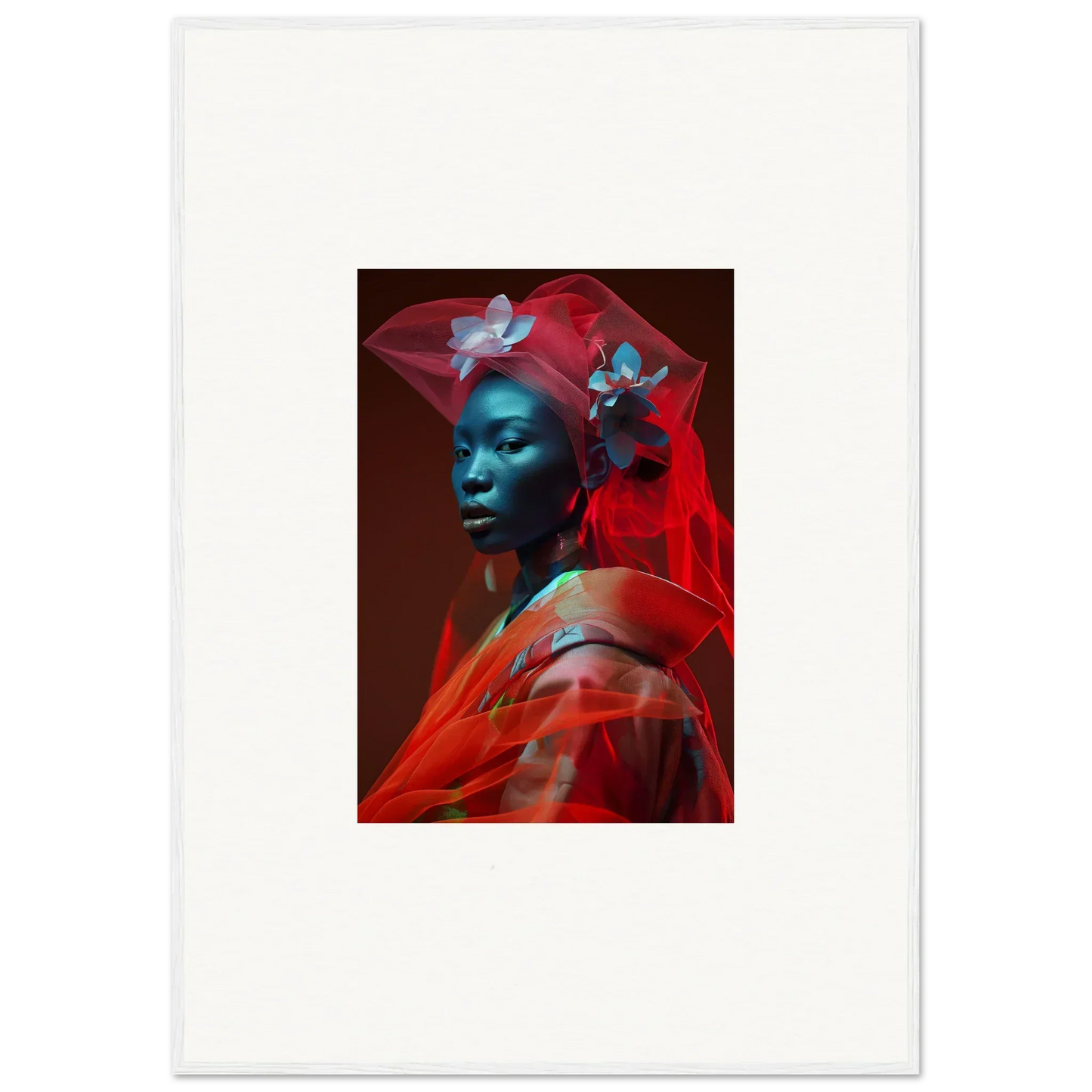 Colorful portrait of a person with blue-tinted skin draped in red, perfect for room decoration