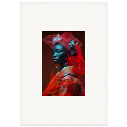 Colorful portrait of a person with blue-tinted skin draped in red, perfect for room decoration