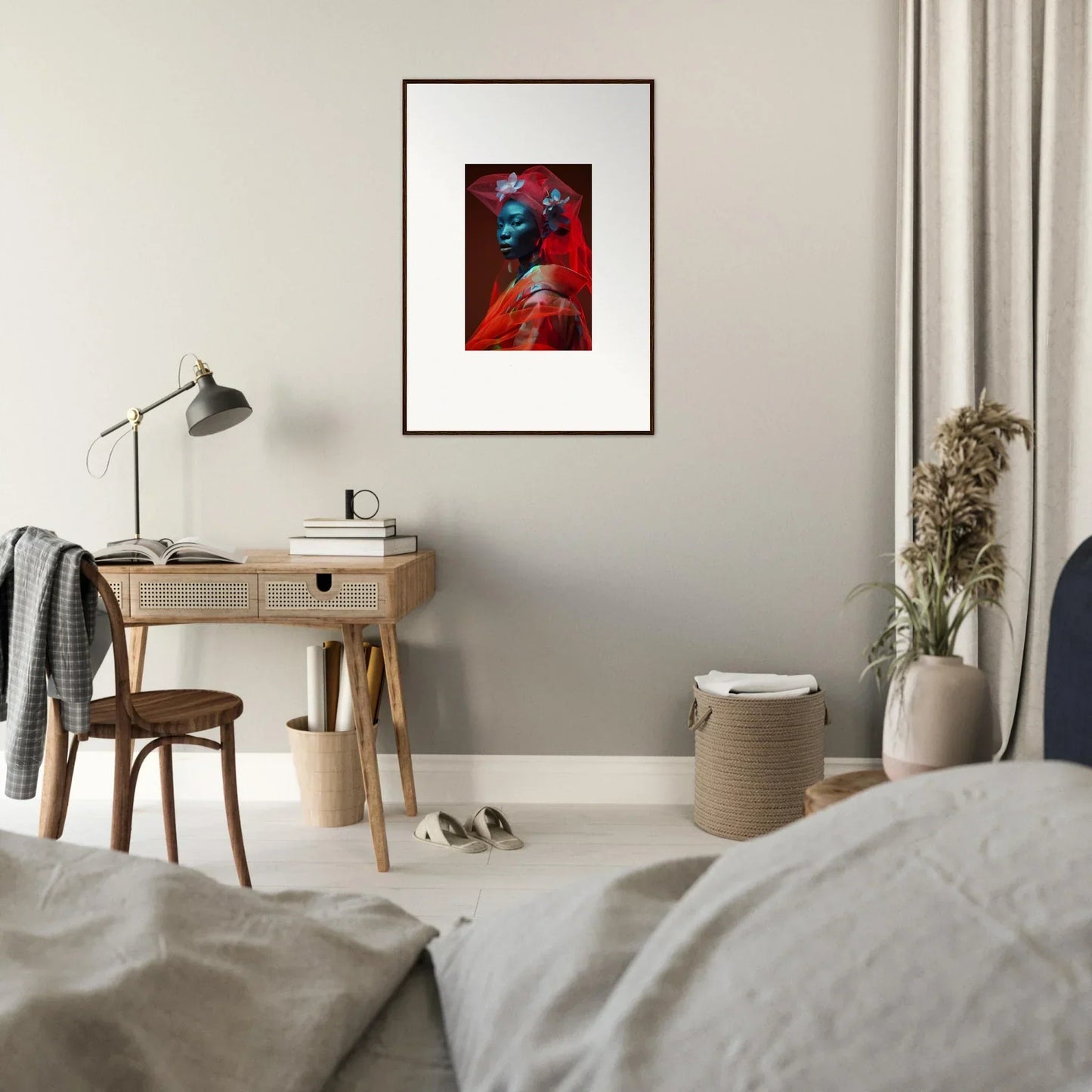 Framed canvas print of a figure in blue and red tones, perfect for room decoration