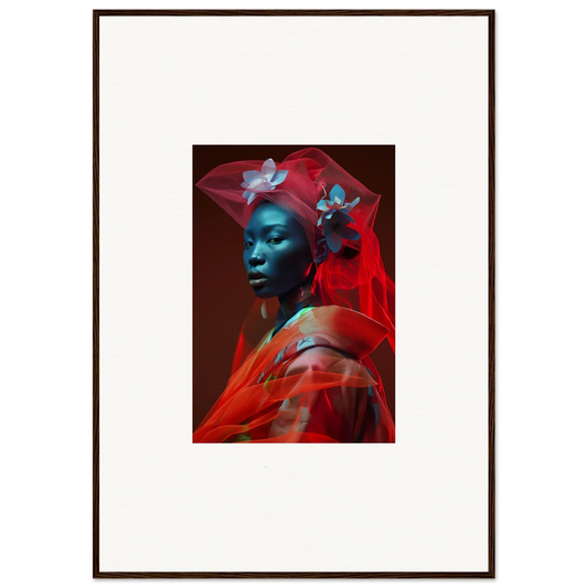 Striking portrait of a person with blue-tinted skin and red fabric for a unique canvas print