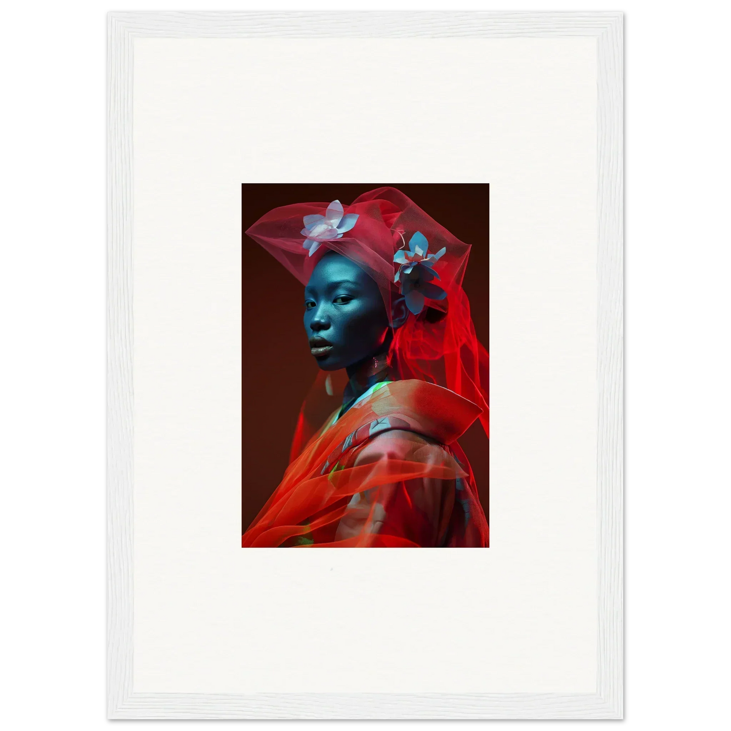 Portrait of a person with blue-tinted skin in red fabric, perfect for canvas print decoration