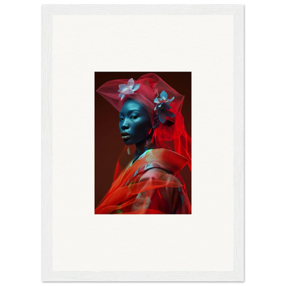 Portrait of a person with blue-tinted skin in red fabric, perfect for canvas print decoration