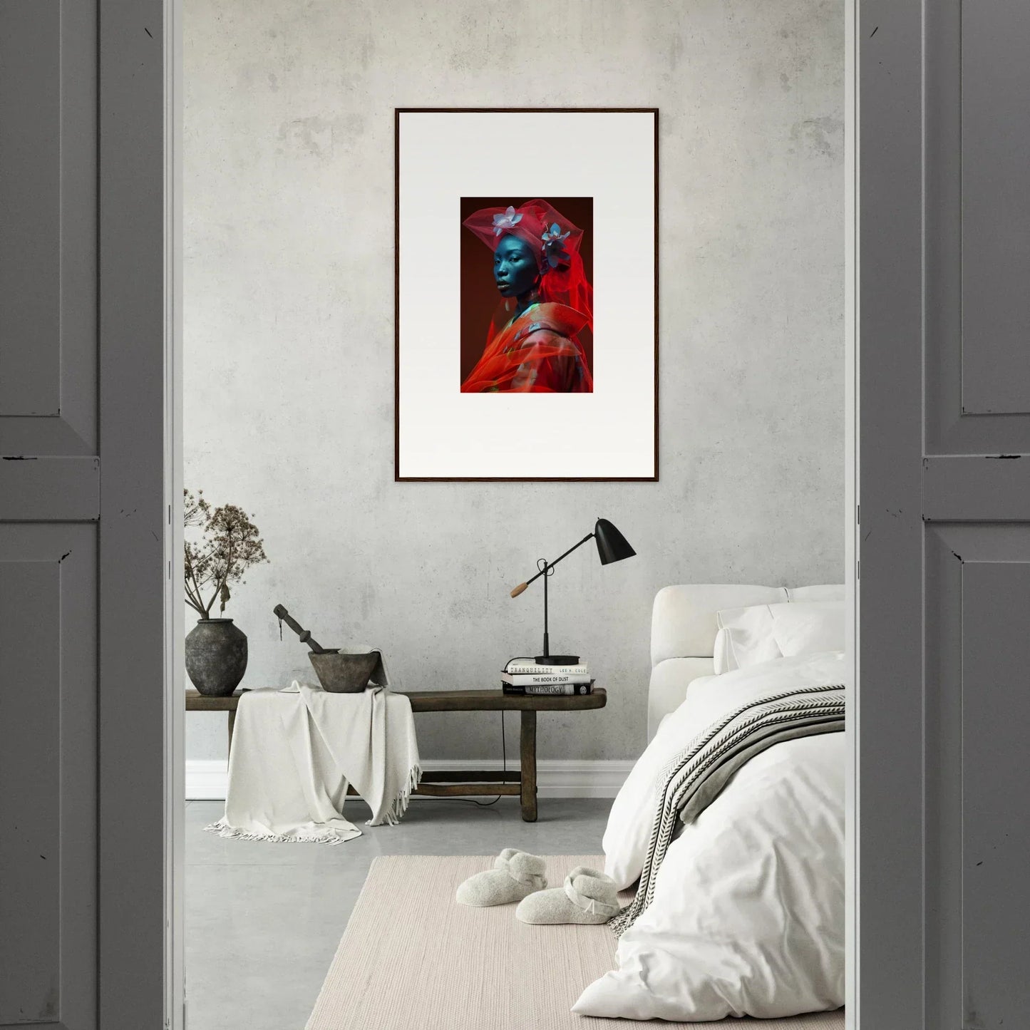 Framed abstract portrait painting in vibrant red and blue for cool room decoration