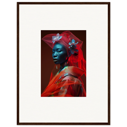 Framed portrait with vibrant red and blue tones, perfect for room decoration or as a canvas print