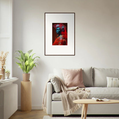 Vibrant red and blue framed portrait artwork for stylish room decoration as canvas print