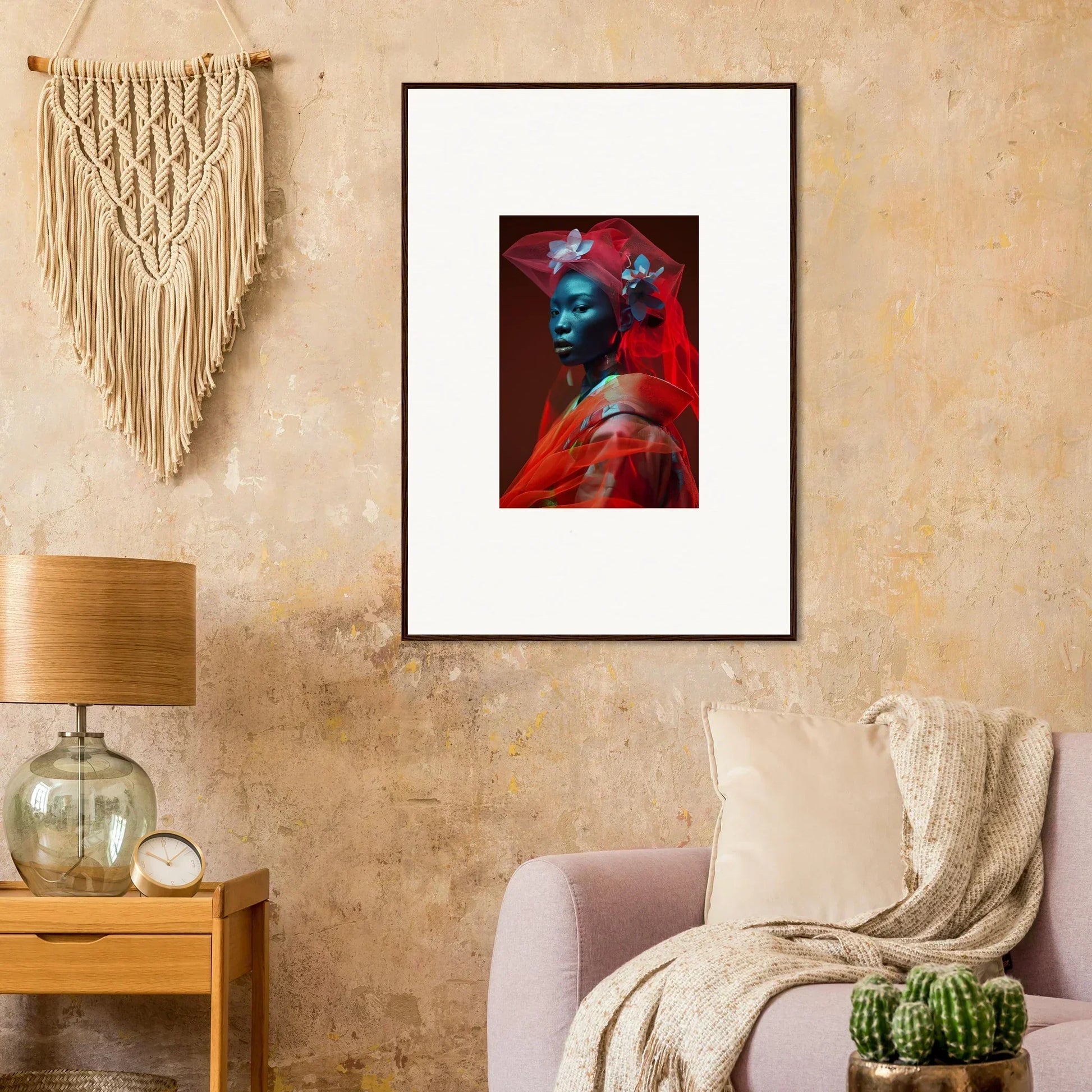 Framed canvas print of blue-skinned figure, perfect for room decoration with crystalline mist vibe