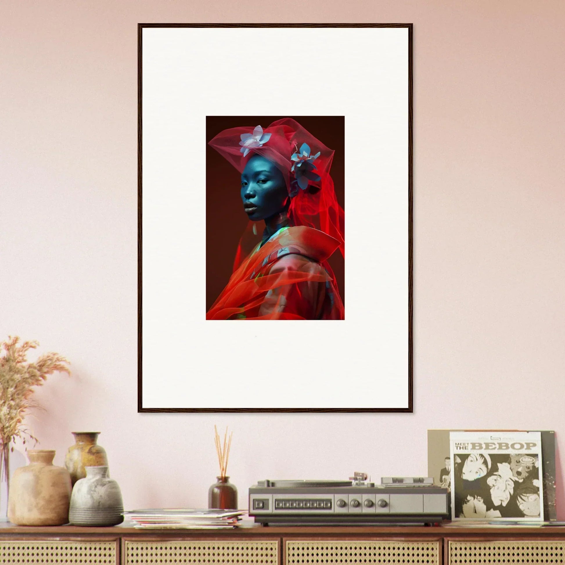 Framed canvas print of a blue-skinned figure with red drapery for unique room decoration