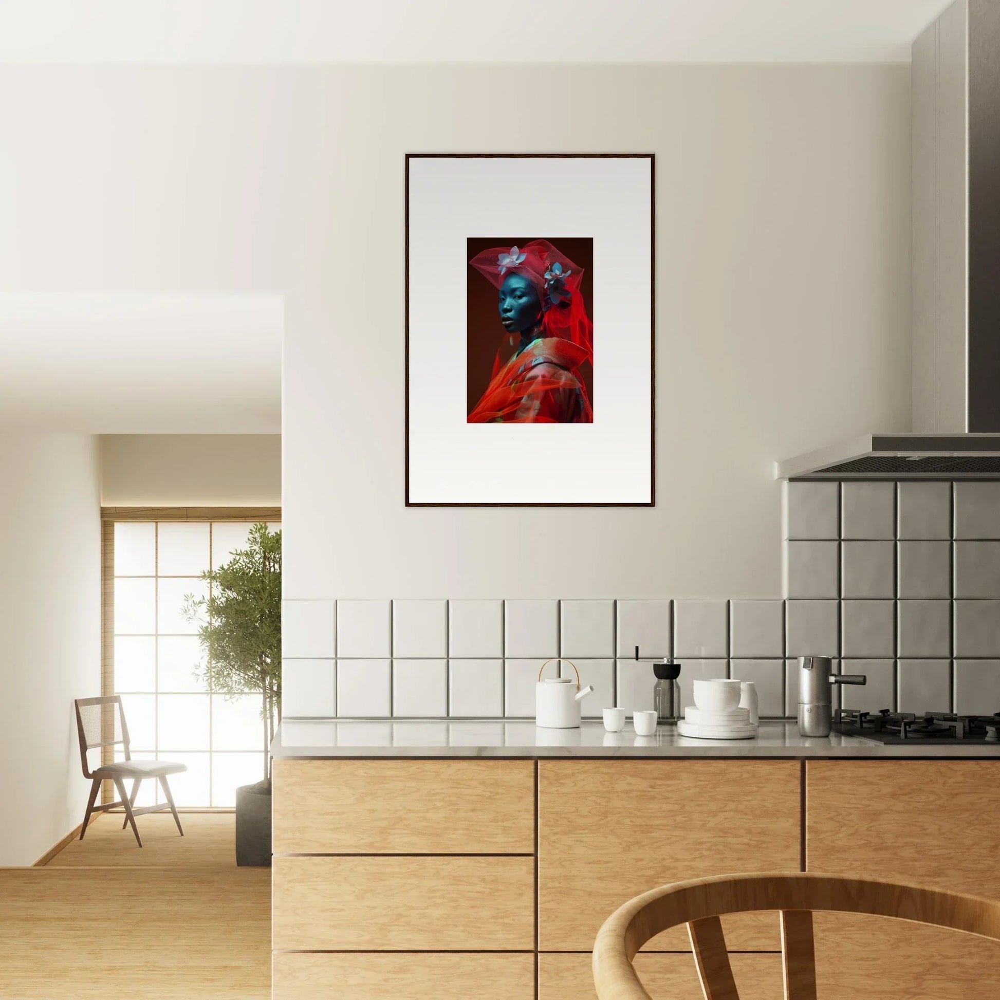 Framed abstract portrait in red and blue tones, perfect for room decoration or canvas print