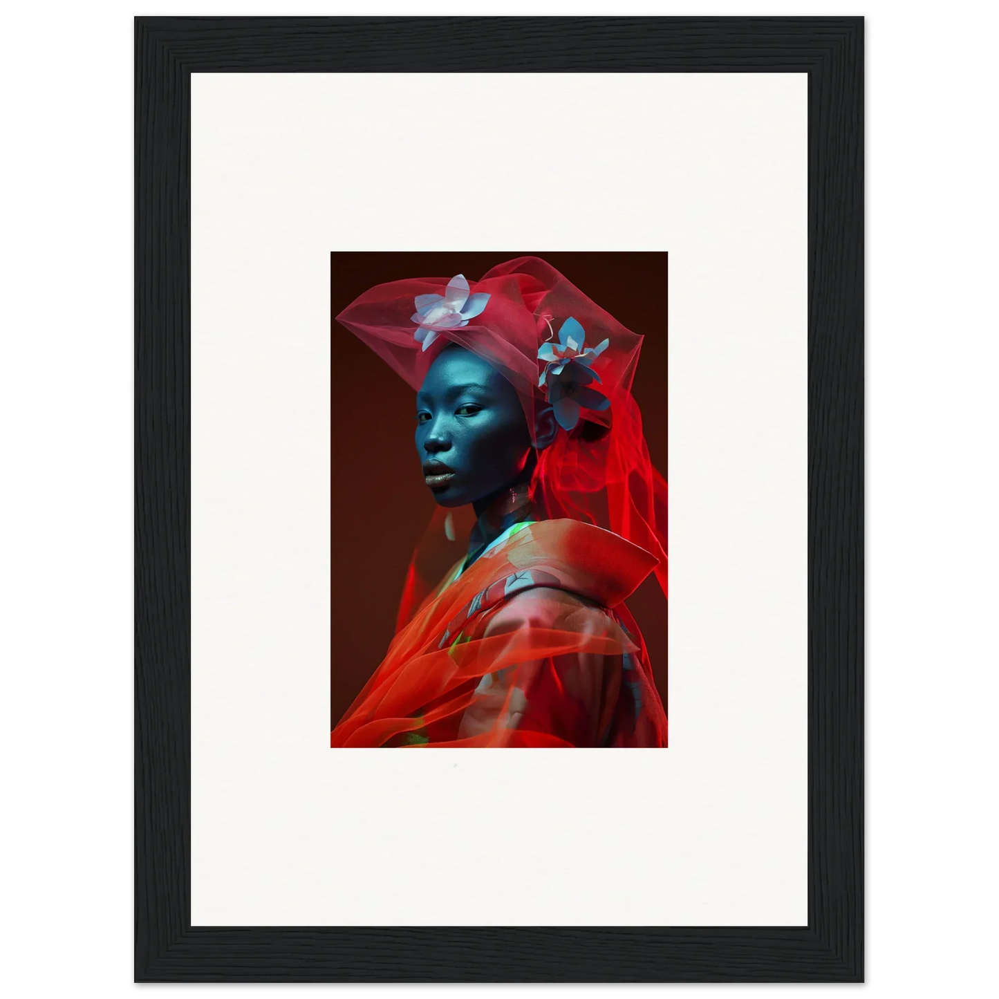 Framed canvas print of a person with blue skin and red fabric, perfect for room decoration