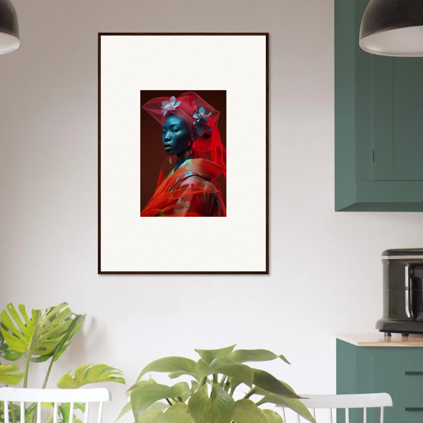 Framed portrait of a blue-skinned figure in fiery colors, perfect for canvas print room decoration