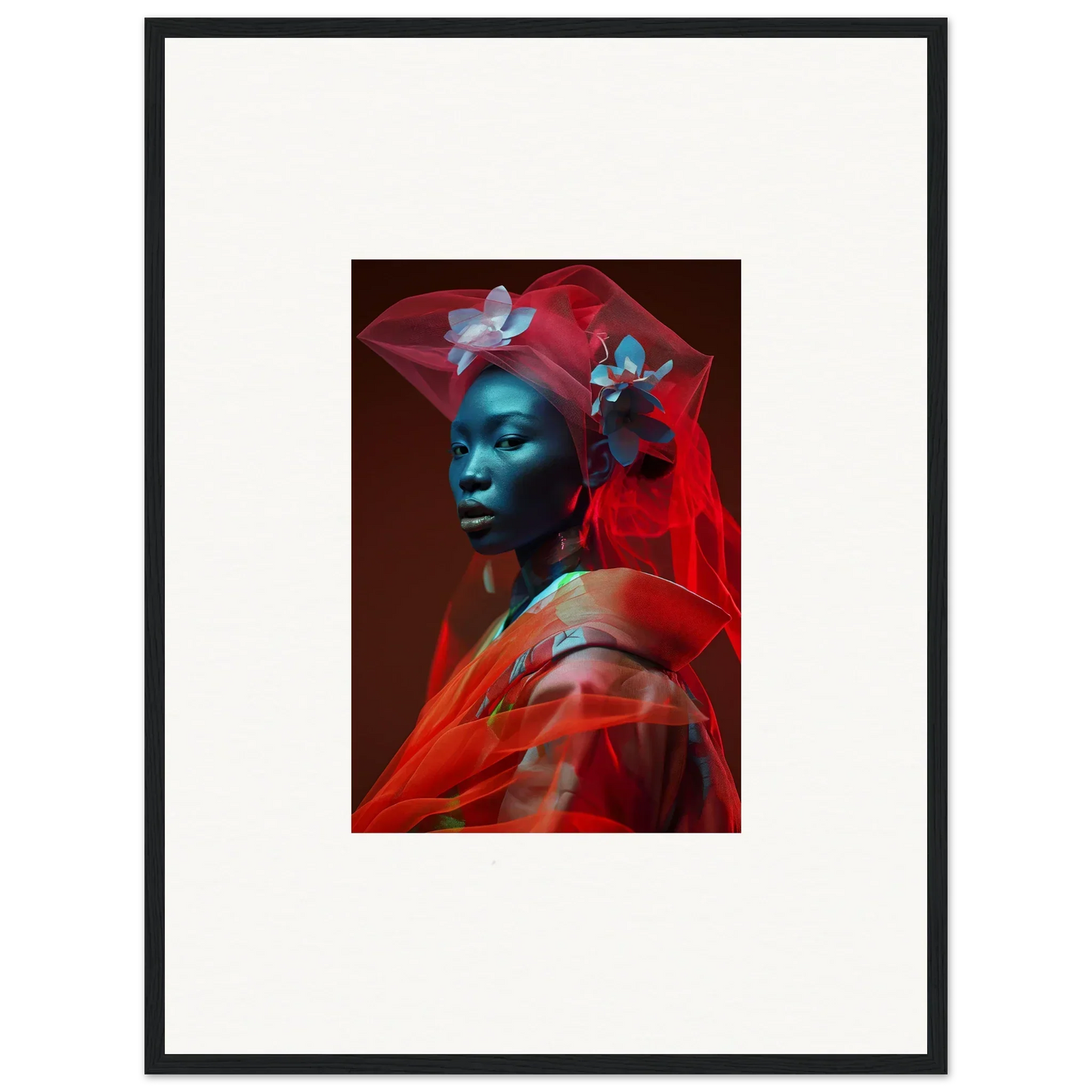 Portrait of a person with blue skin wrapped in red, perfect for a Crystalline Mist canvas print