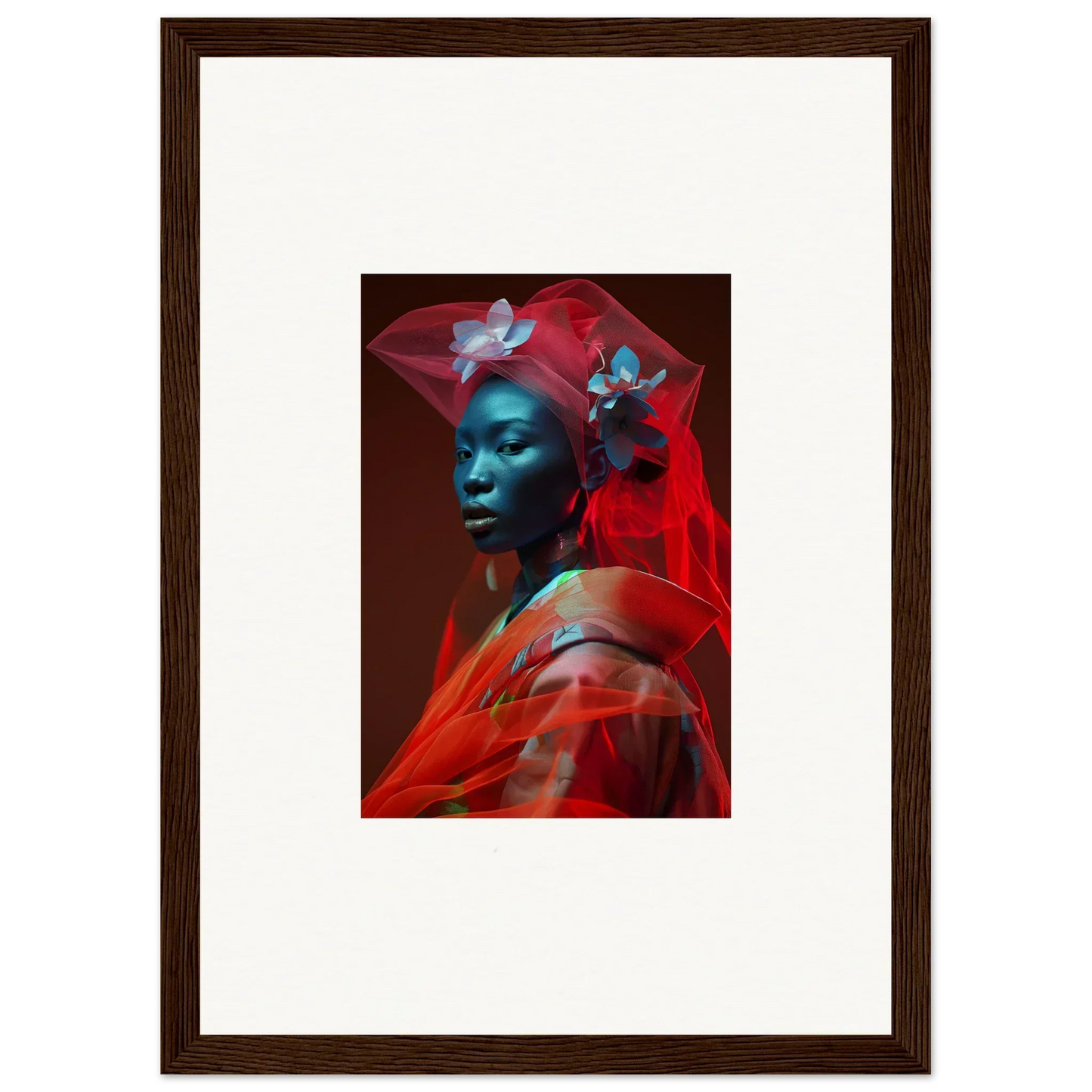 Framed canvas print of a person with blue-tinted skin wrapped in red fabric, perfect room decoration