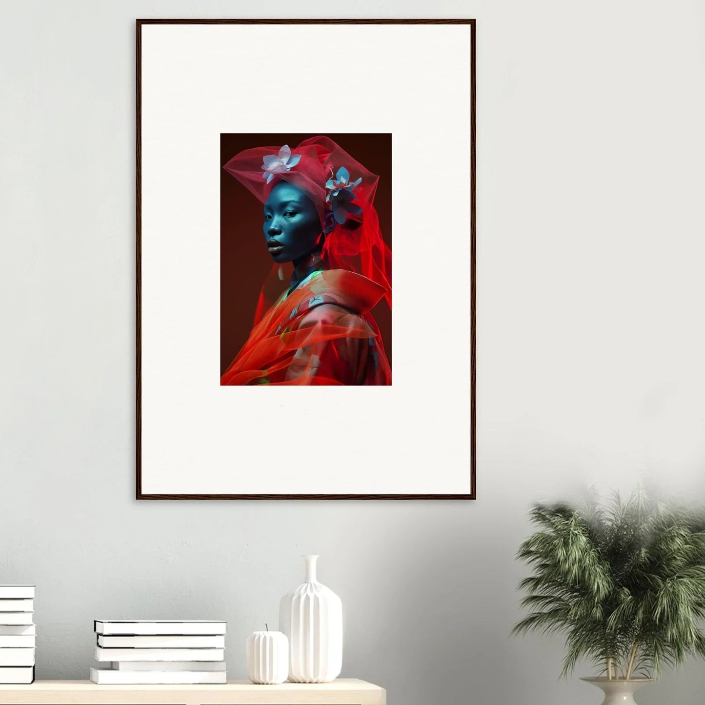 Framed canvas print of a figure in traditional attire with vibrant crystalline mist colors