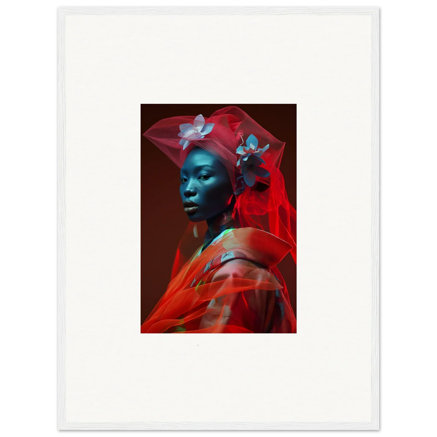 Portrait of a person with blue skin in red fabric, perfect for a Crystalline Mist canvas print