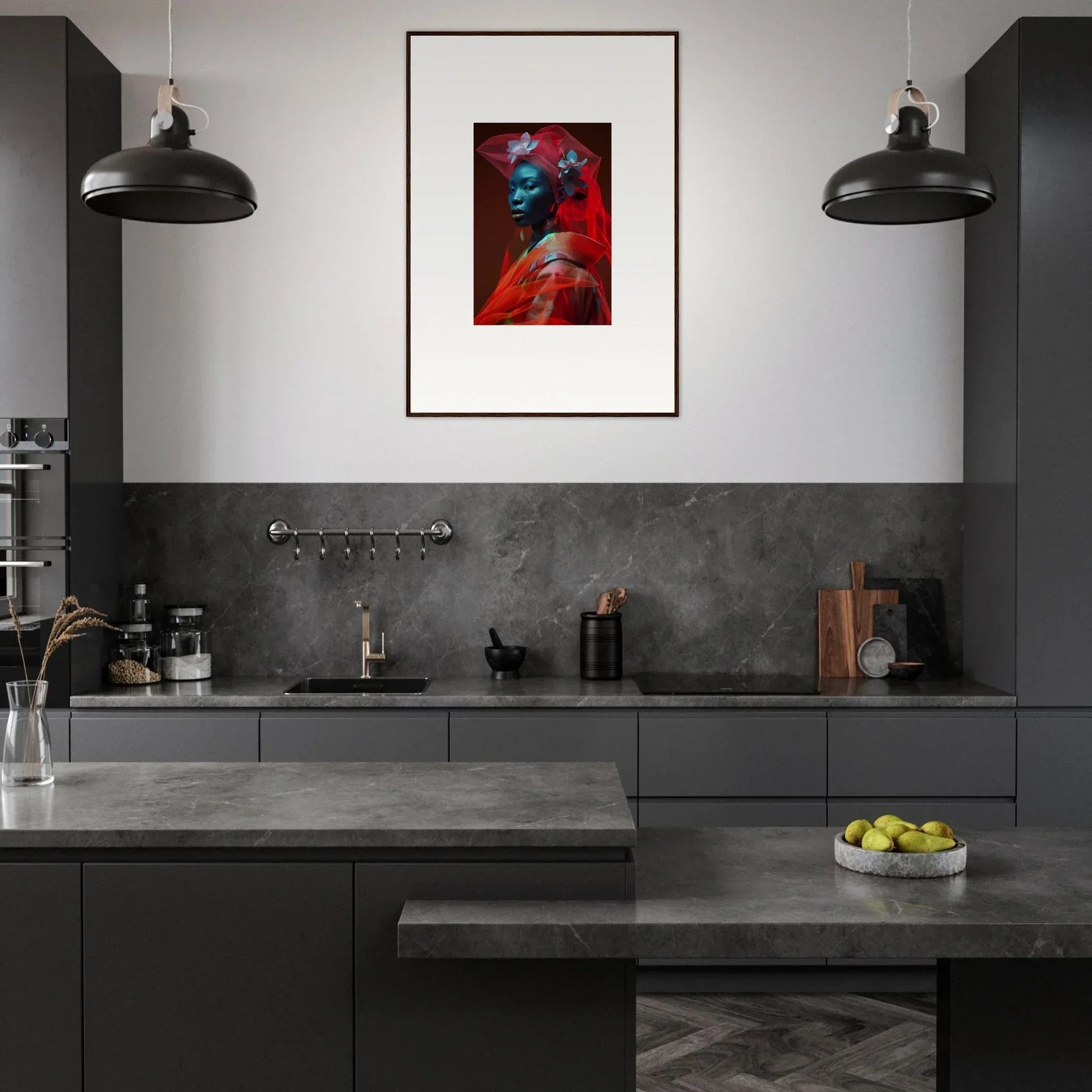 Modern kitchen with dark cabinets and a vibrant canvas print for stylish room decoration