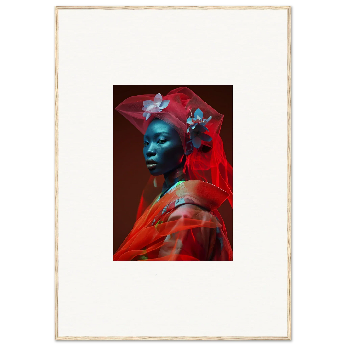 Portrait of a person with blue skin and red fabric for a canvas print featuring Crystalline Mist