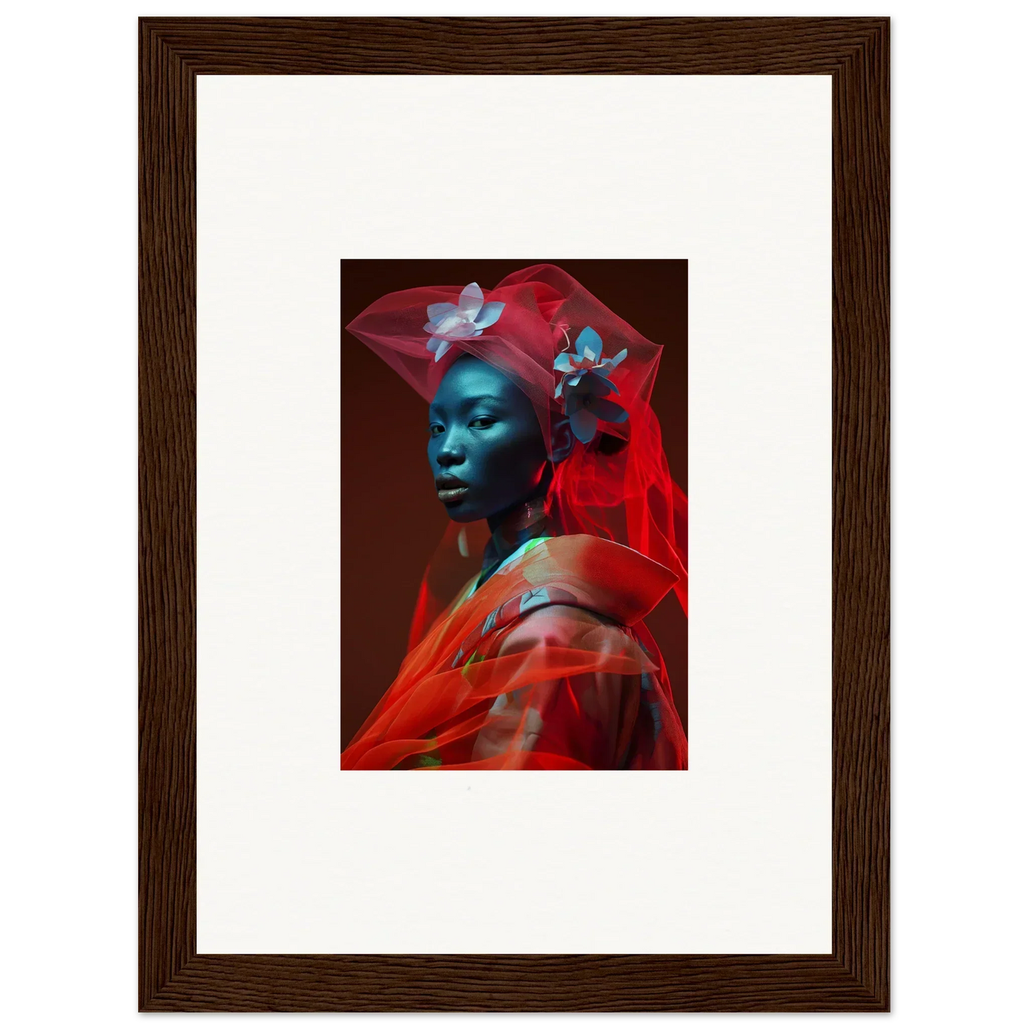 Framed canvas print of a person with blue skin in red, perfect for room decoration