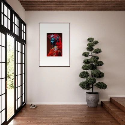 Framed abstract portrait painting in red and blue, perfect for room decoration or canvas print