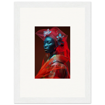 Portrait of a person with blue skin in red fabric, perfect for Crystalline Mist room decoration