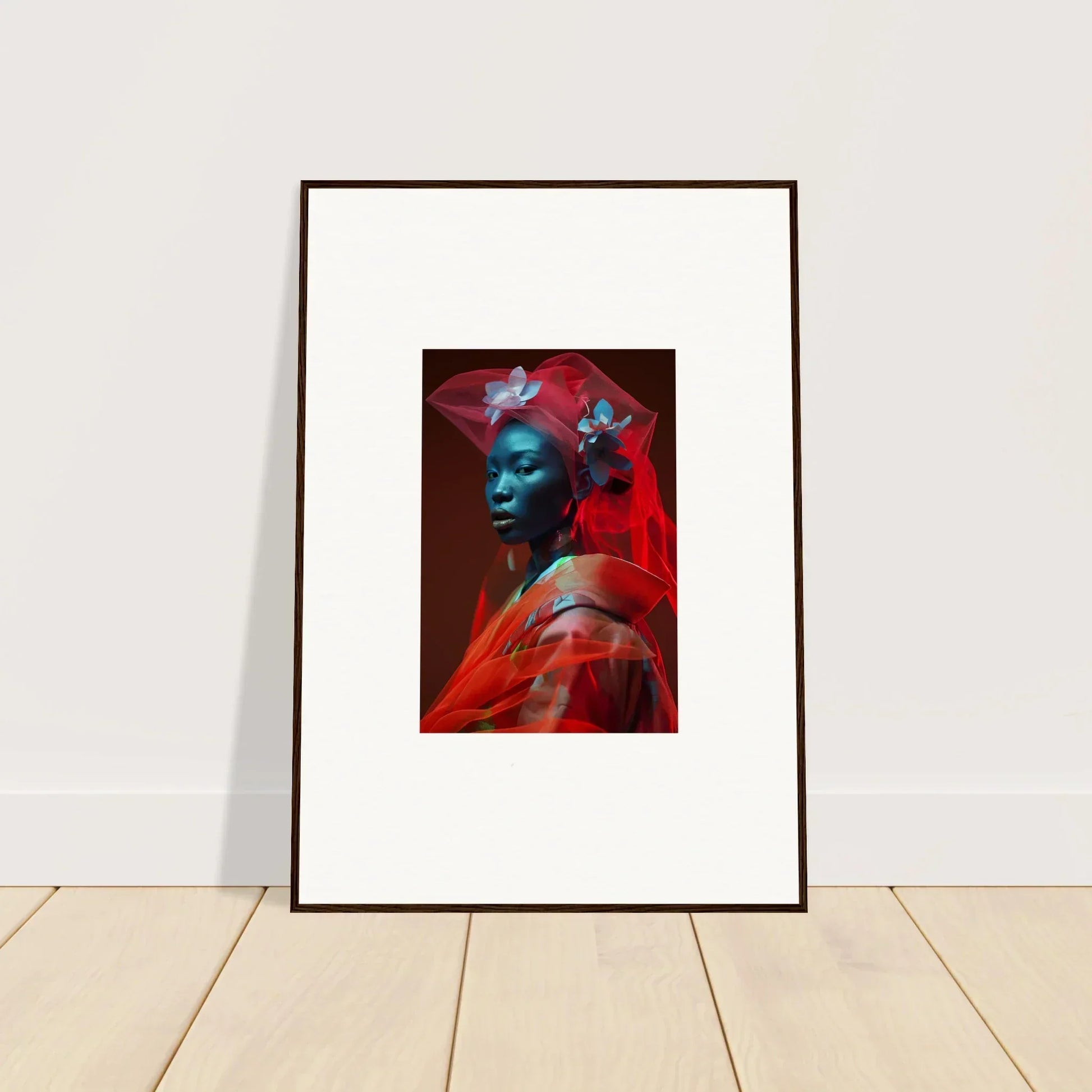 Framed canvas print of a blue-skinned figure in red clothing, perfect for room decoration