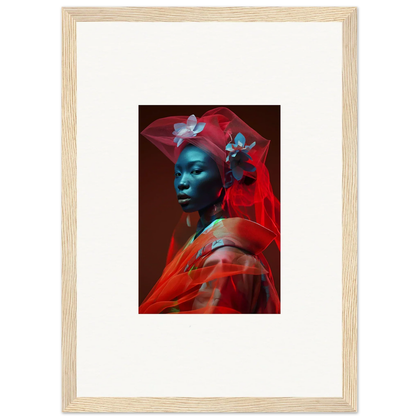 Framed portrait of a person with blue skin and red fabric for cool room decoration