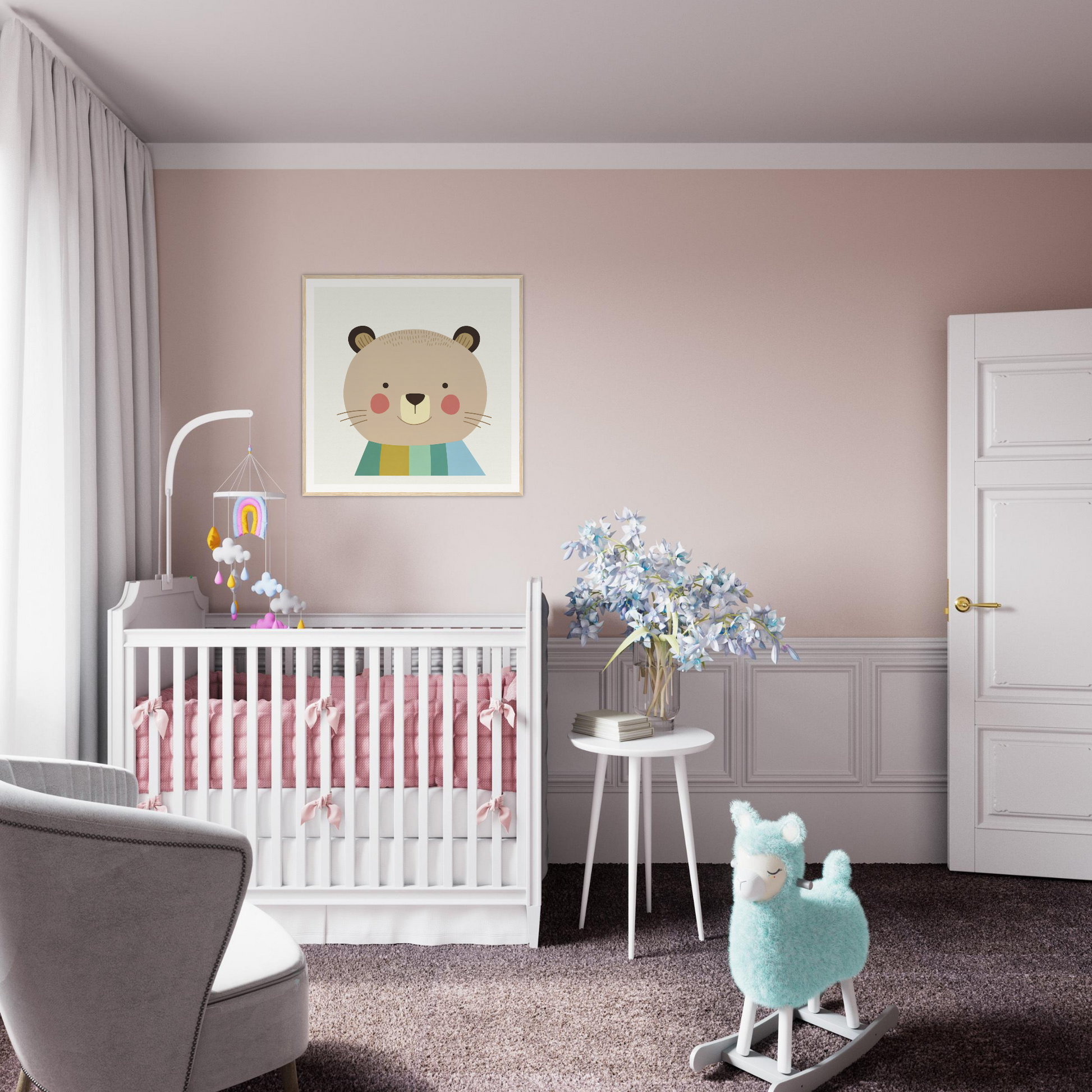 White wooden crib with pink bedding from Blushing Bear Special Edition Art™ collection