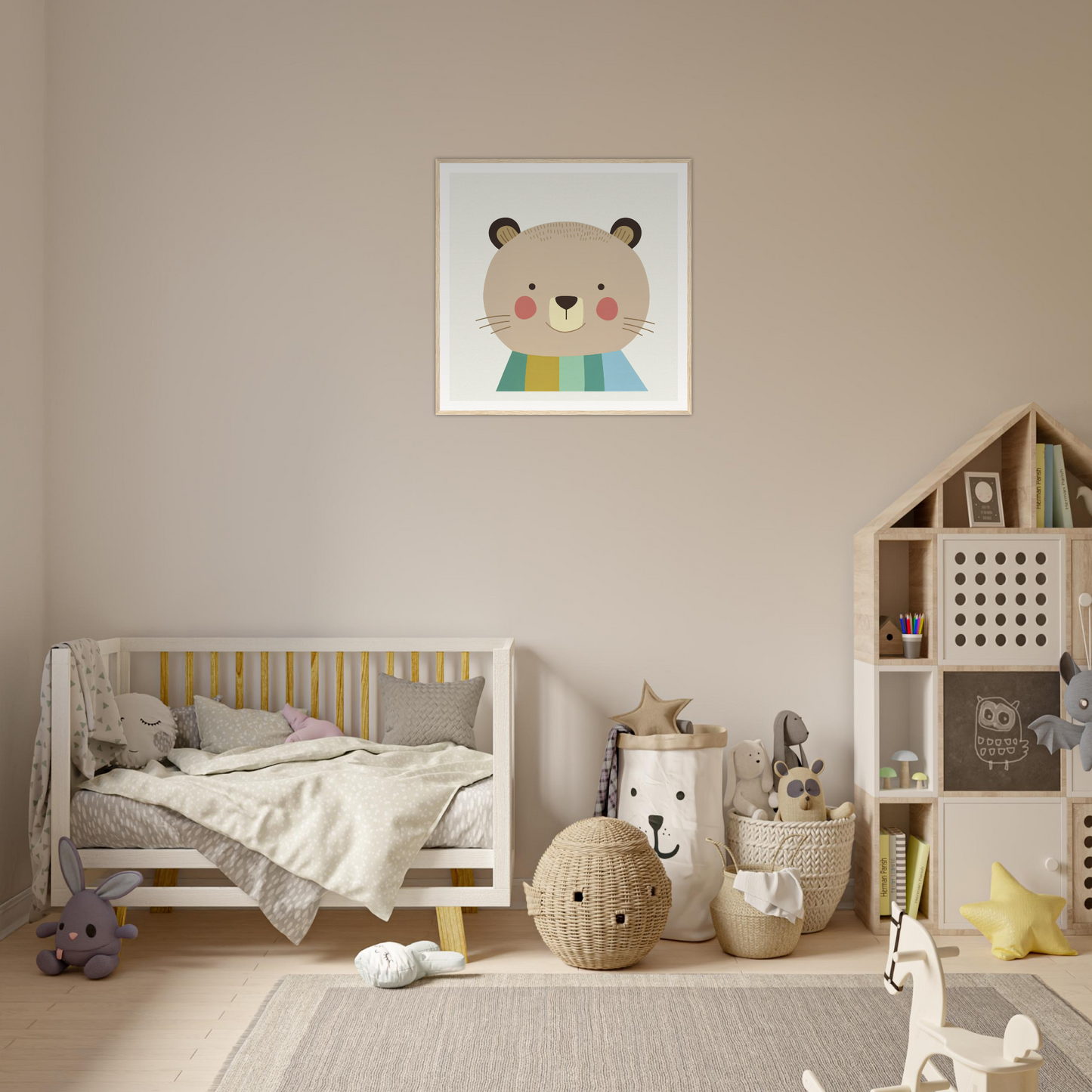 Cozy nursery in neutral beige and white featuring Blushing Bear special edition art