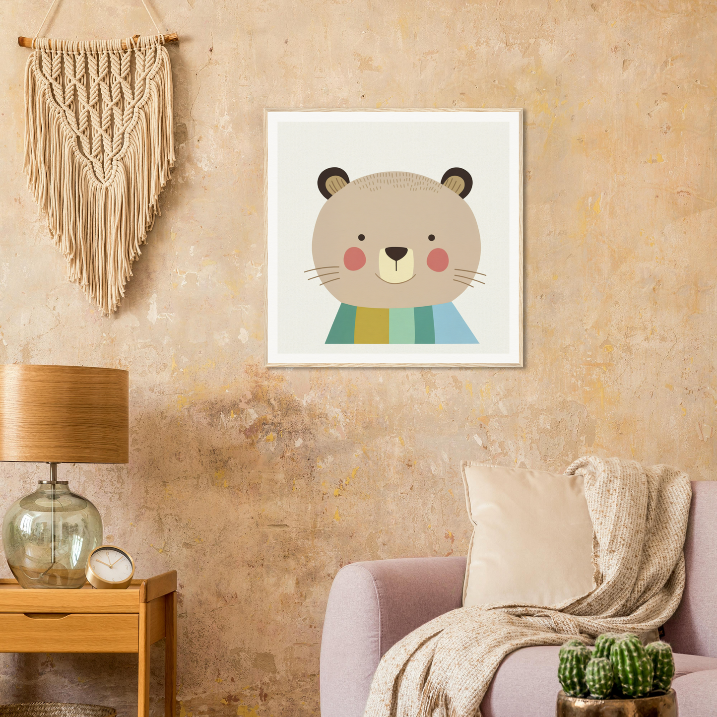 Cute cartoon bear in a blue and green scarf from Blushing Bear special edition art