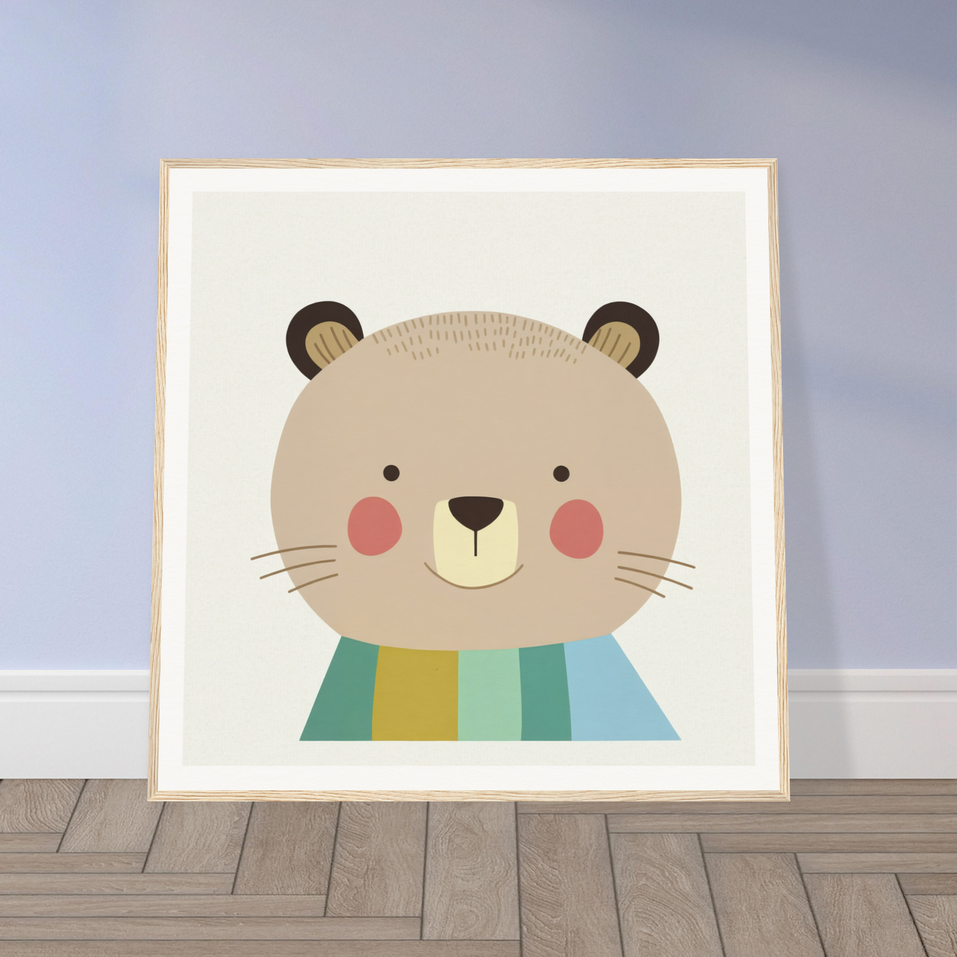 Cute cartoon Blushing Bear in a striped teal and yellow scarf from Special Edition Art™