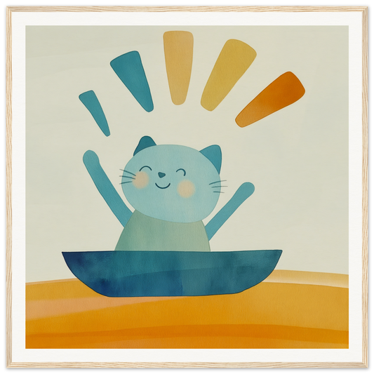 Happy cartoon cat in blue bowl, featured in Boatbound Bliss Special Edition Art™