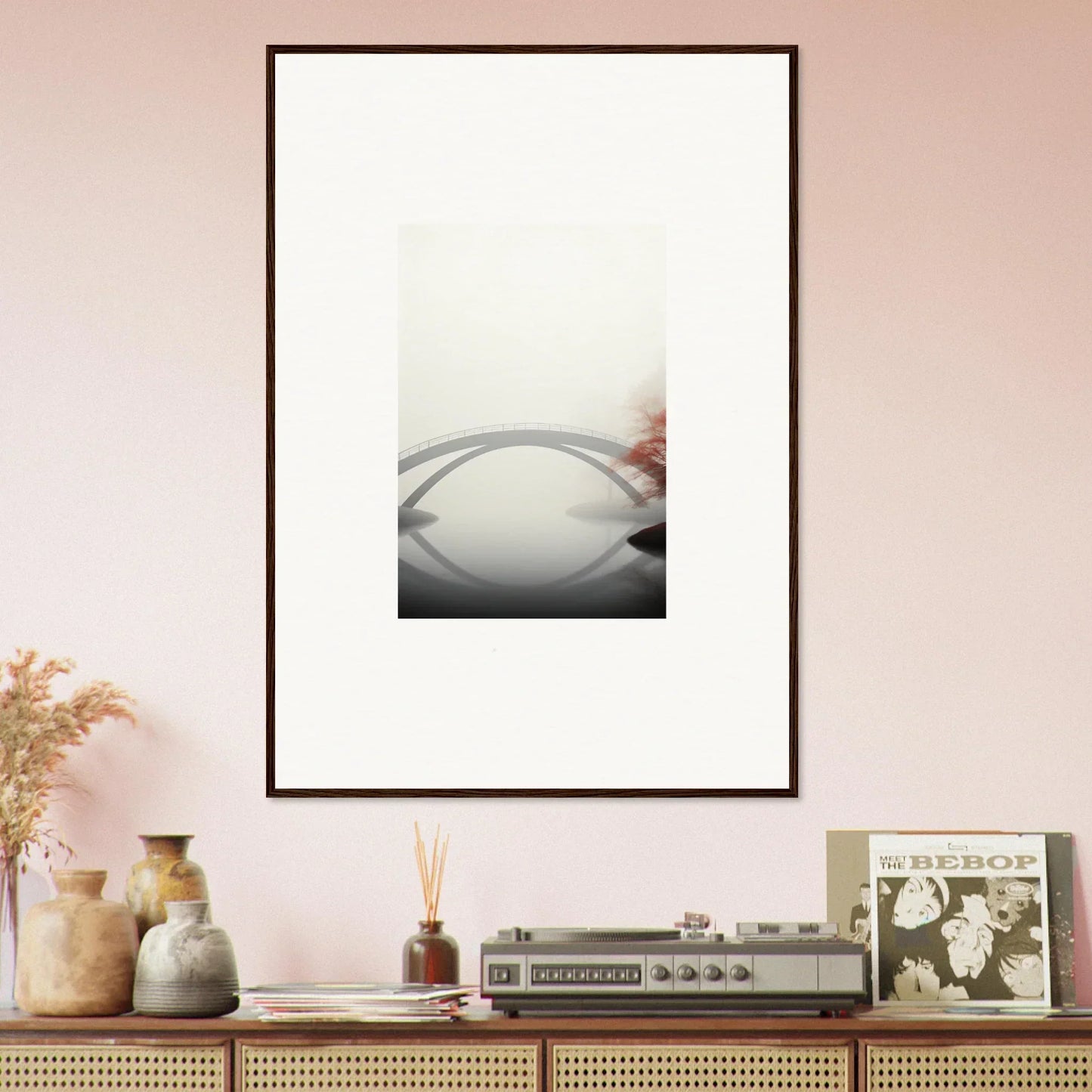 Framed wall art of Whispering Bridge Reflection with curved lines for stylish room decor