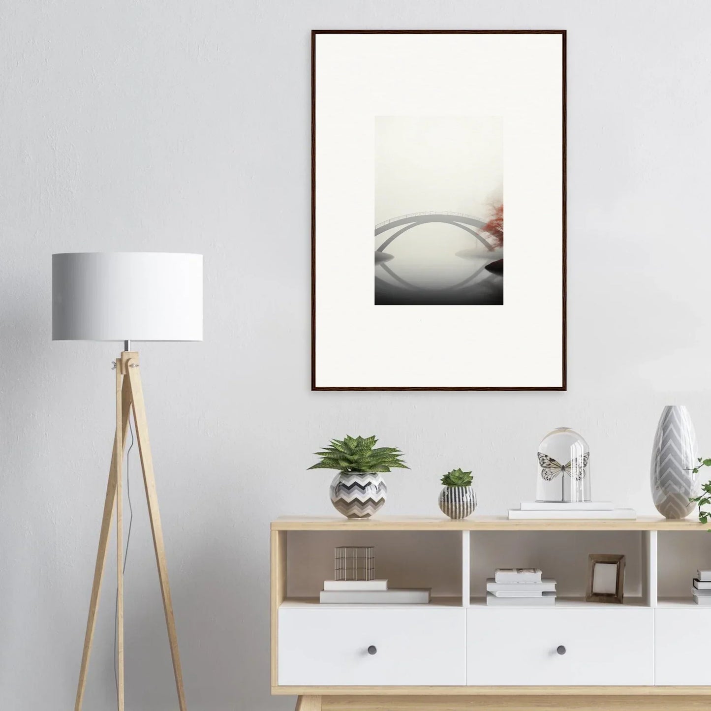 Framed wall art showcasing a misty bridge reflection for stylish room decor