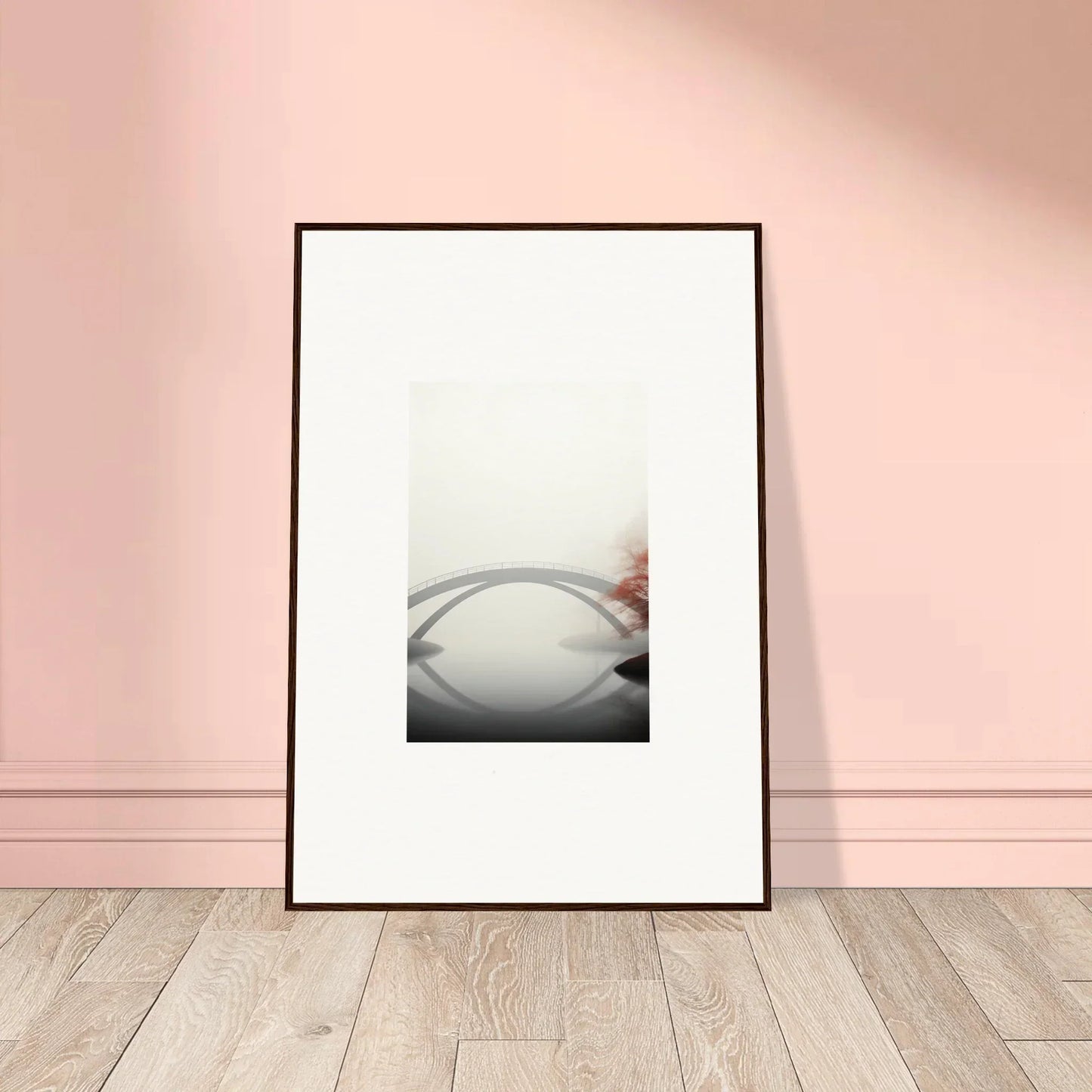 Framed wall art of a bridge reflection in mist for stylish room decor