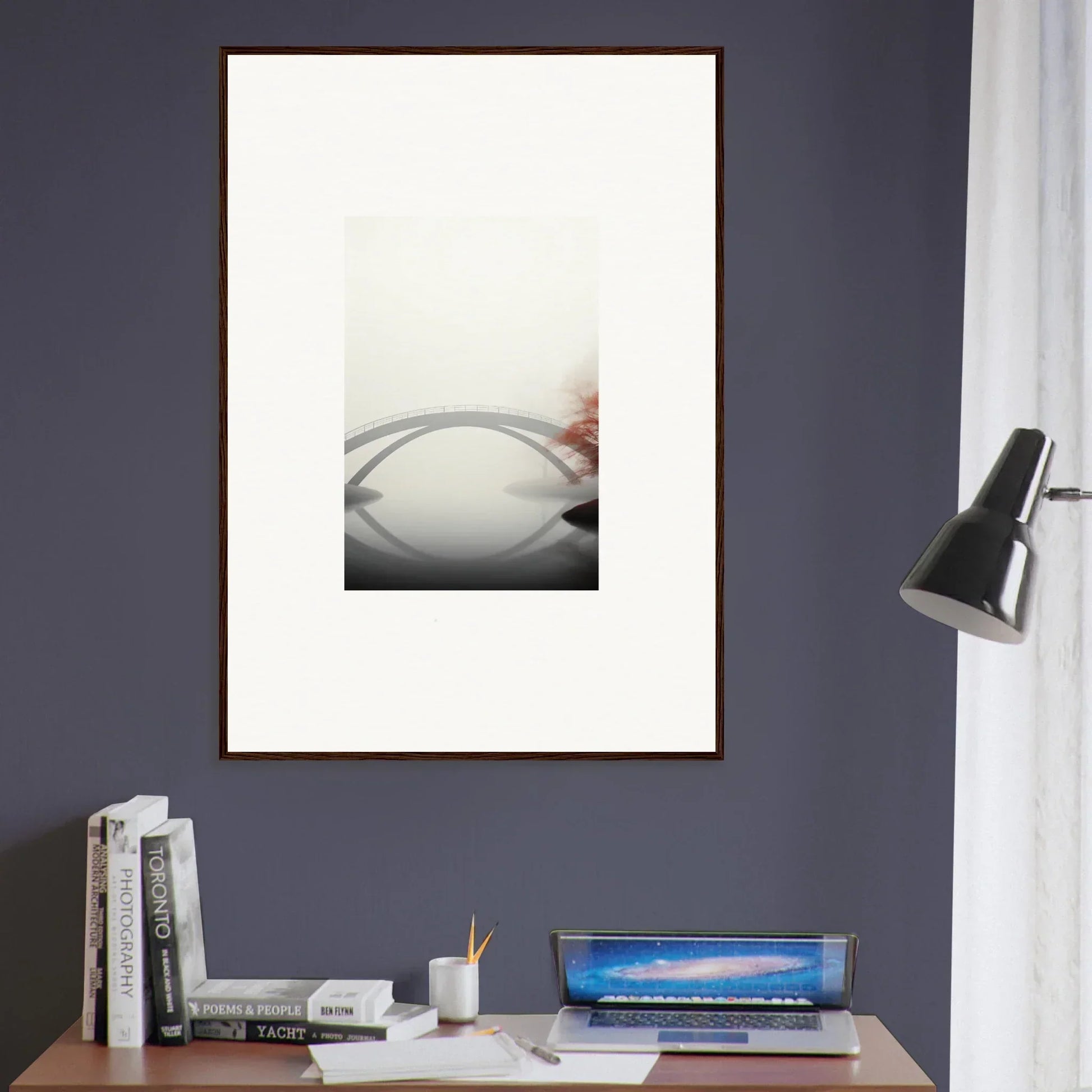 Framed wall art of a minimalist curved line on light background, perfect for room decor