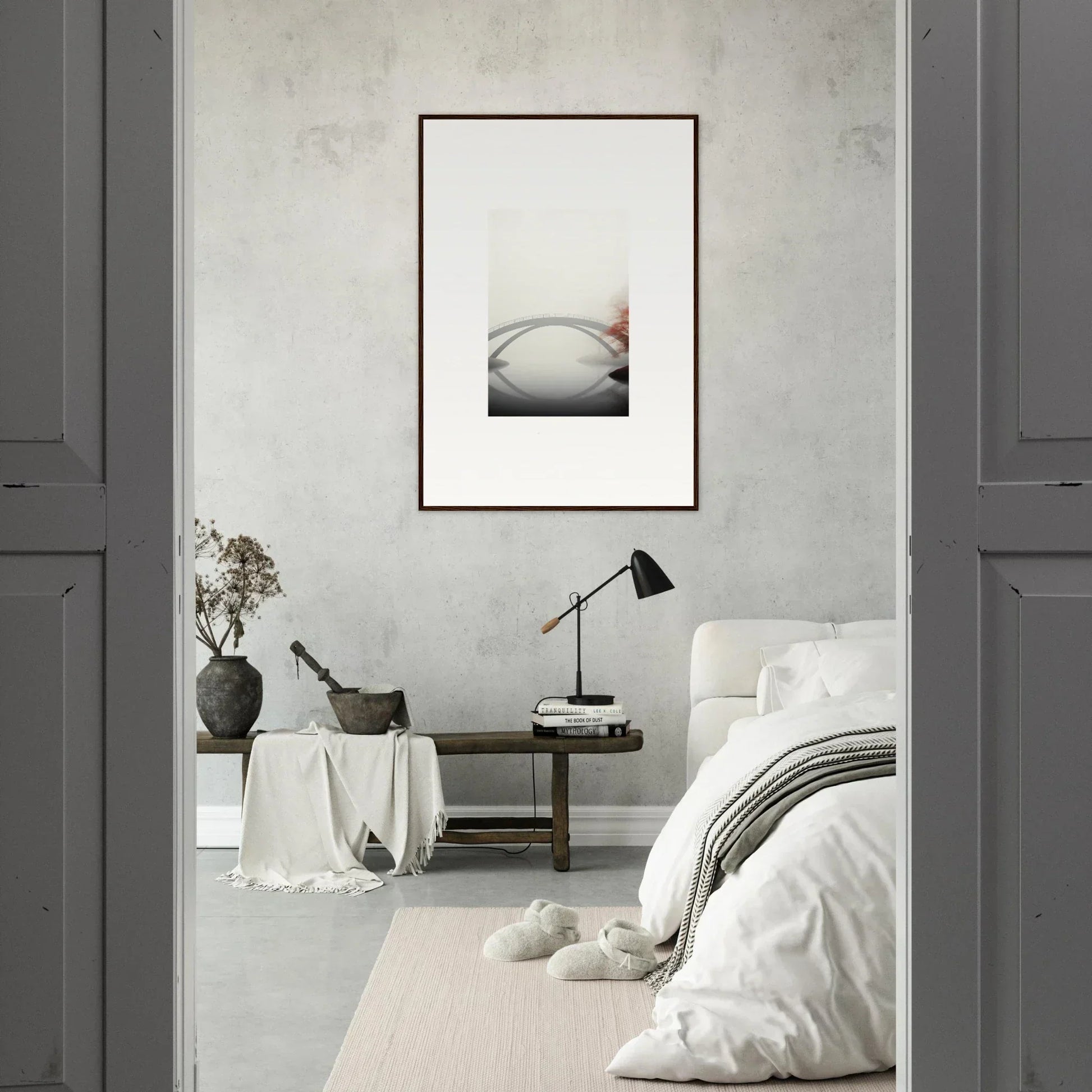 Minimalist bedroom featuring framed wall art of a serene bridge reflection for stylish room decor