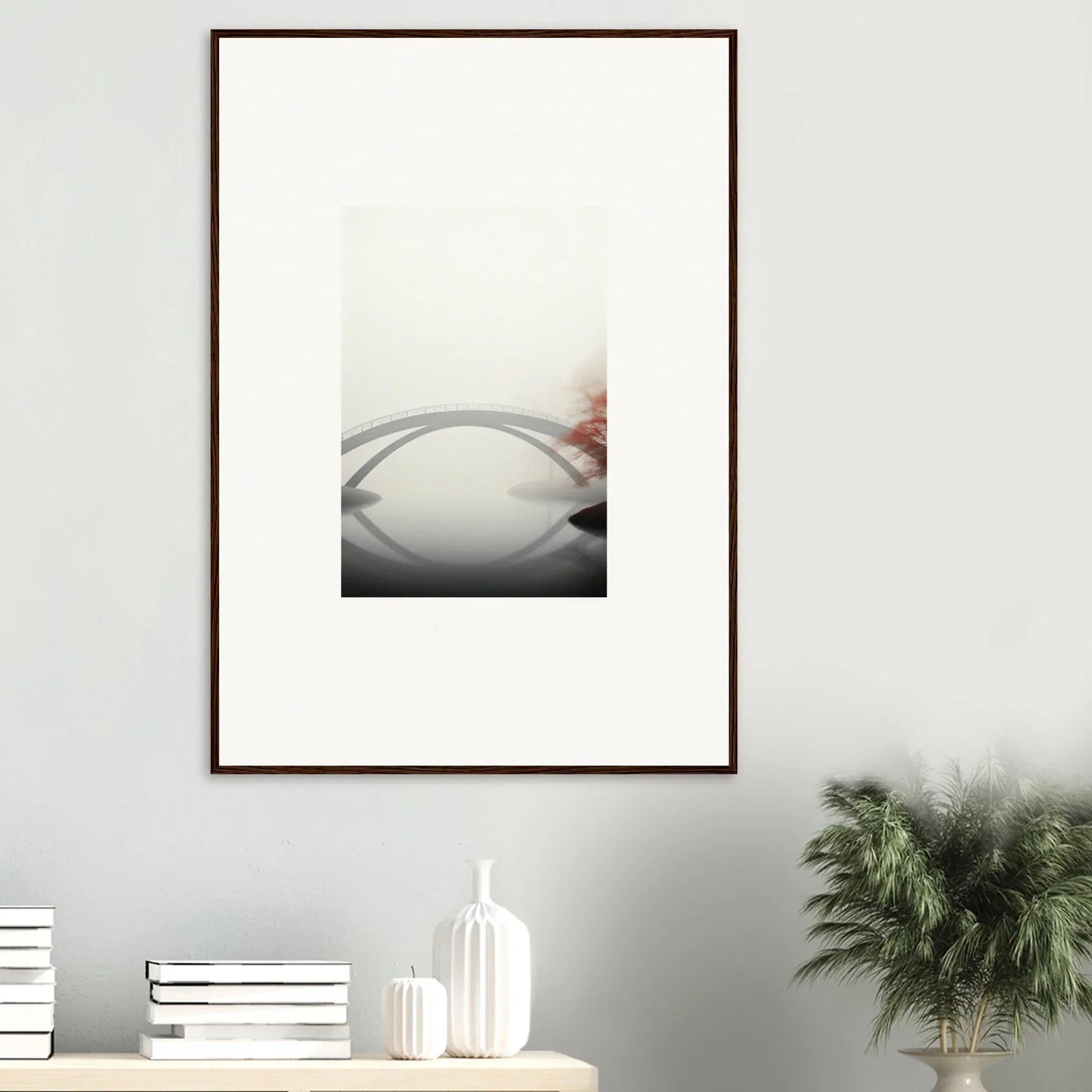 Framed minimalist wall art of a bridge reflection for stylish room decor