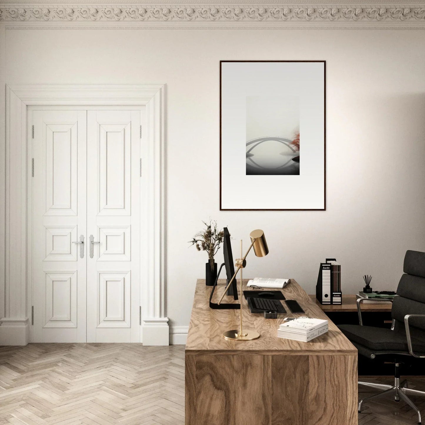 Wooden desk with typewriter and accessories for stylish room decor and bridge reflection